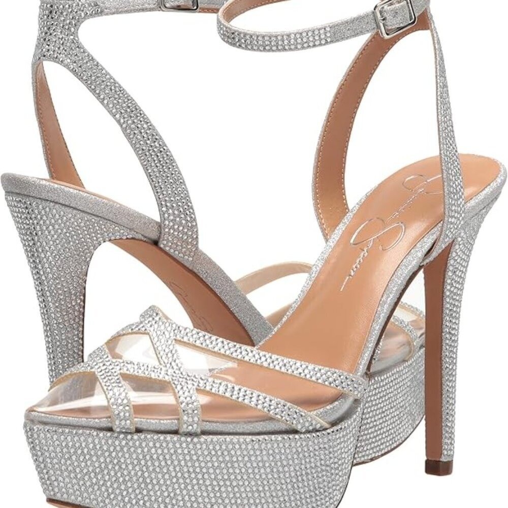 Jessica Simpson Jenevye Silver Rhinestone Platform Pumps Pointed Toe Heels 8m